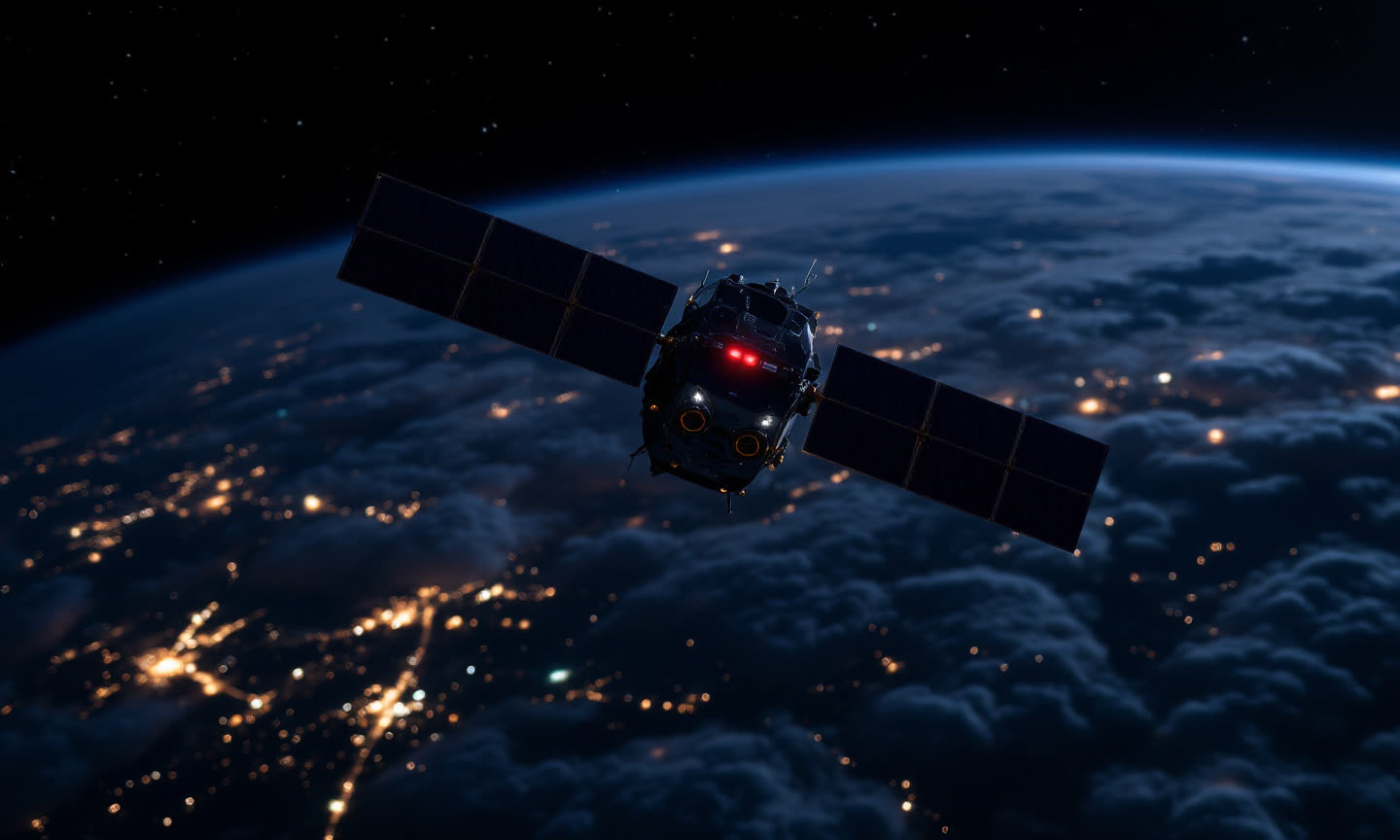 Concept art: an autonomous satellite with a red status light orbits Earth at night