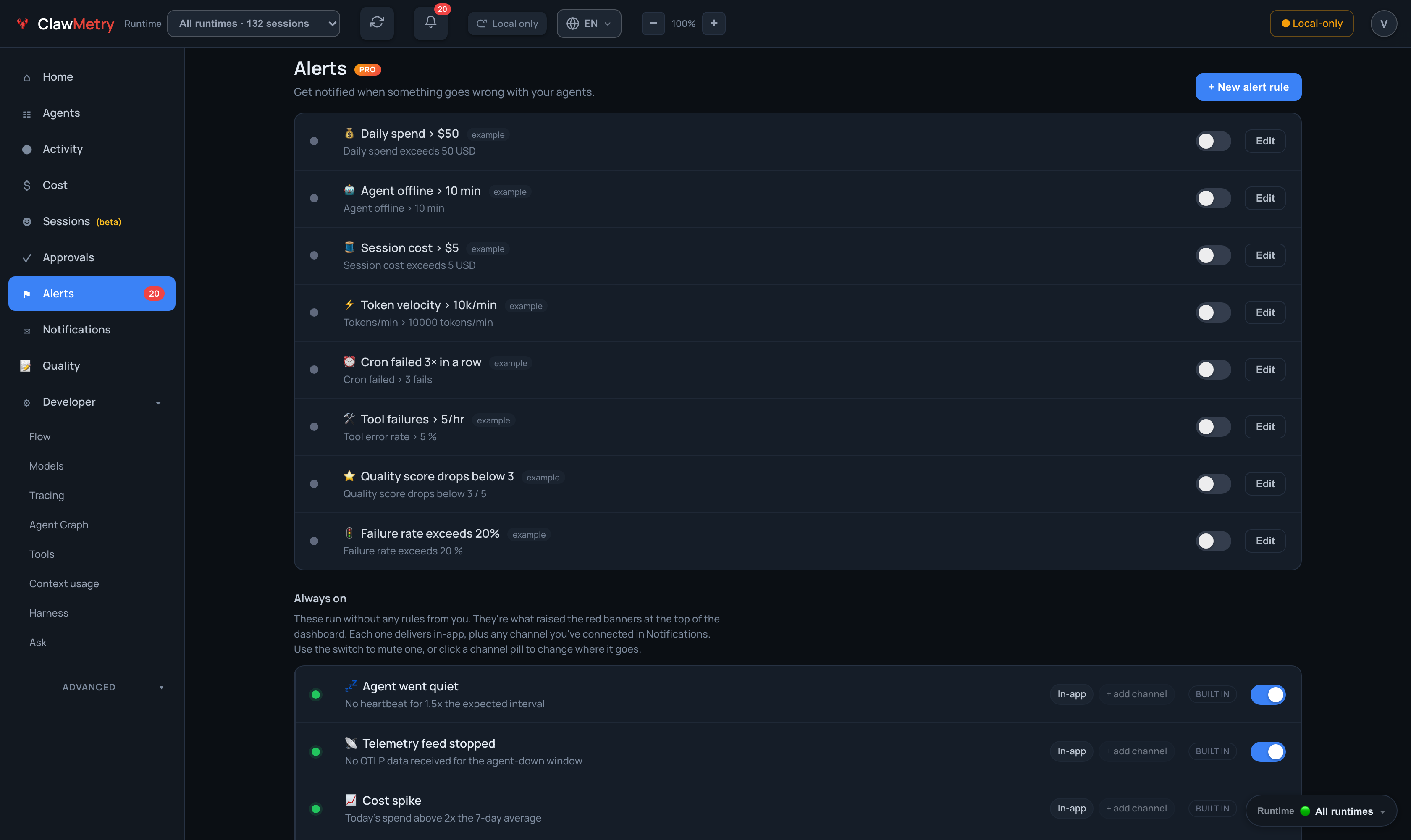 Built-in detectors, plus optional rules of your own.
