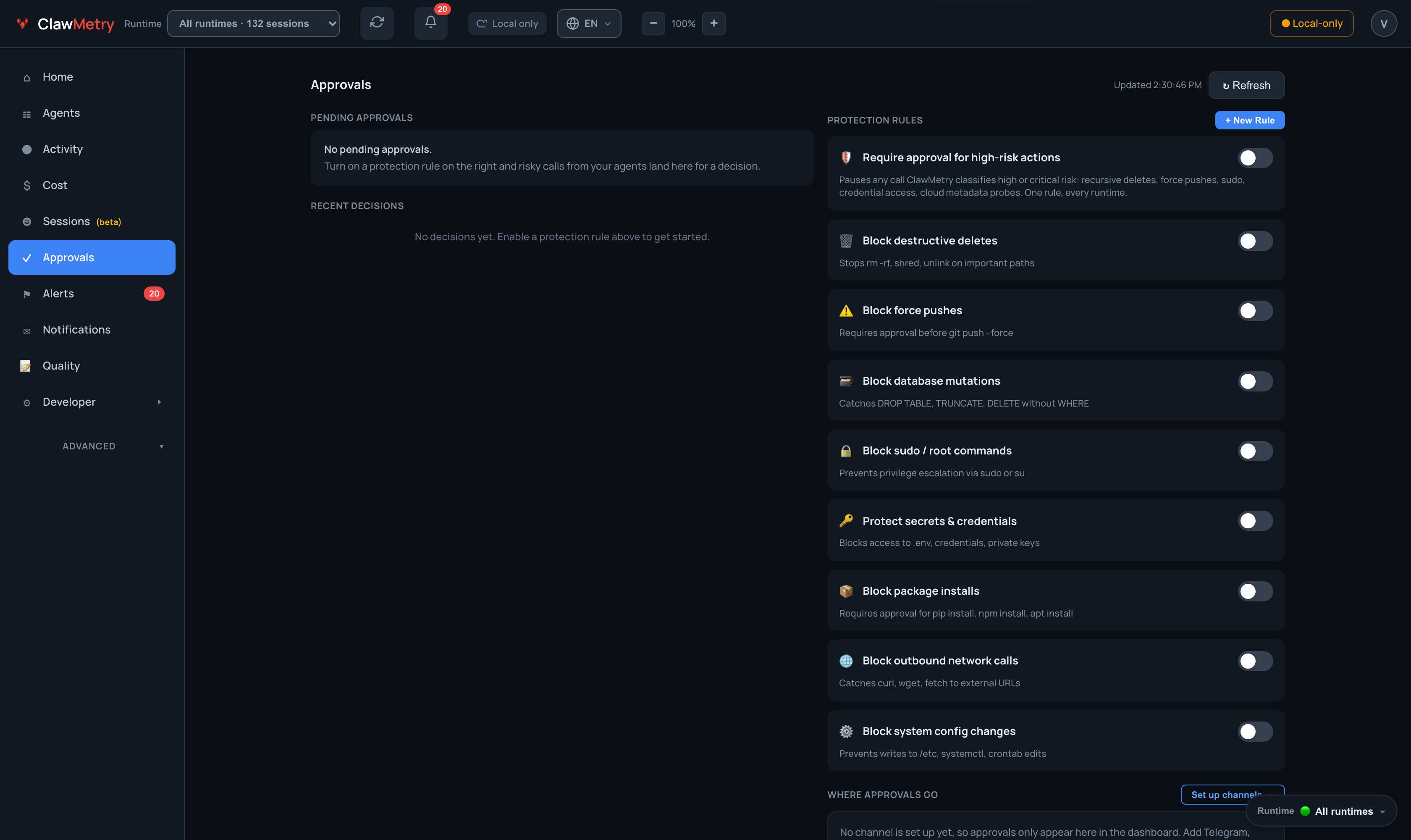 Protection rules for risky tool calls, all off until you enable them.