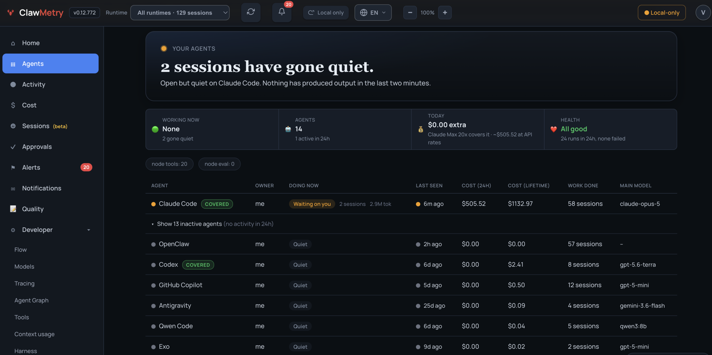 Every runtime on the machine with cost, owner, last seen and what it is doing right now.