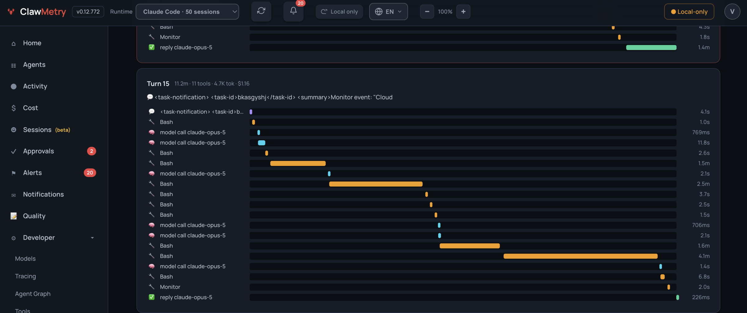 One agent turn on a timeline: every tool call with its own duration and the turn's cost.